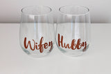 Hubby & Wifey Stemless Wine Glass Set