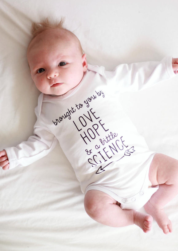 Brought to you by love hope & science, IVF baby bodysuit, IVF pregnancy annoucement, Coming Home Outfit, Baby Shower Gift, Pregnancy Reveal